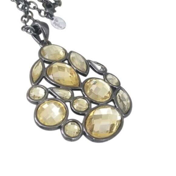 Lia Sophia Yellow Rhinestone Teardrop Pendant Necklace Long Gun Metal Gray - Picture 5 of 6